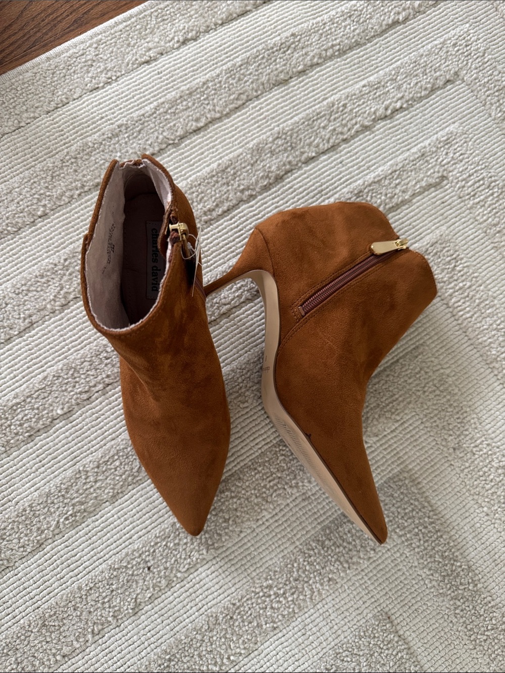 Charles David Cognac Suede Pointed Toe Ankle Booties with Side Zip